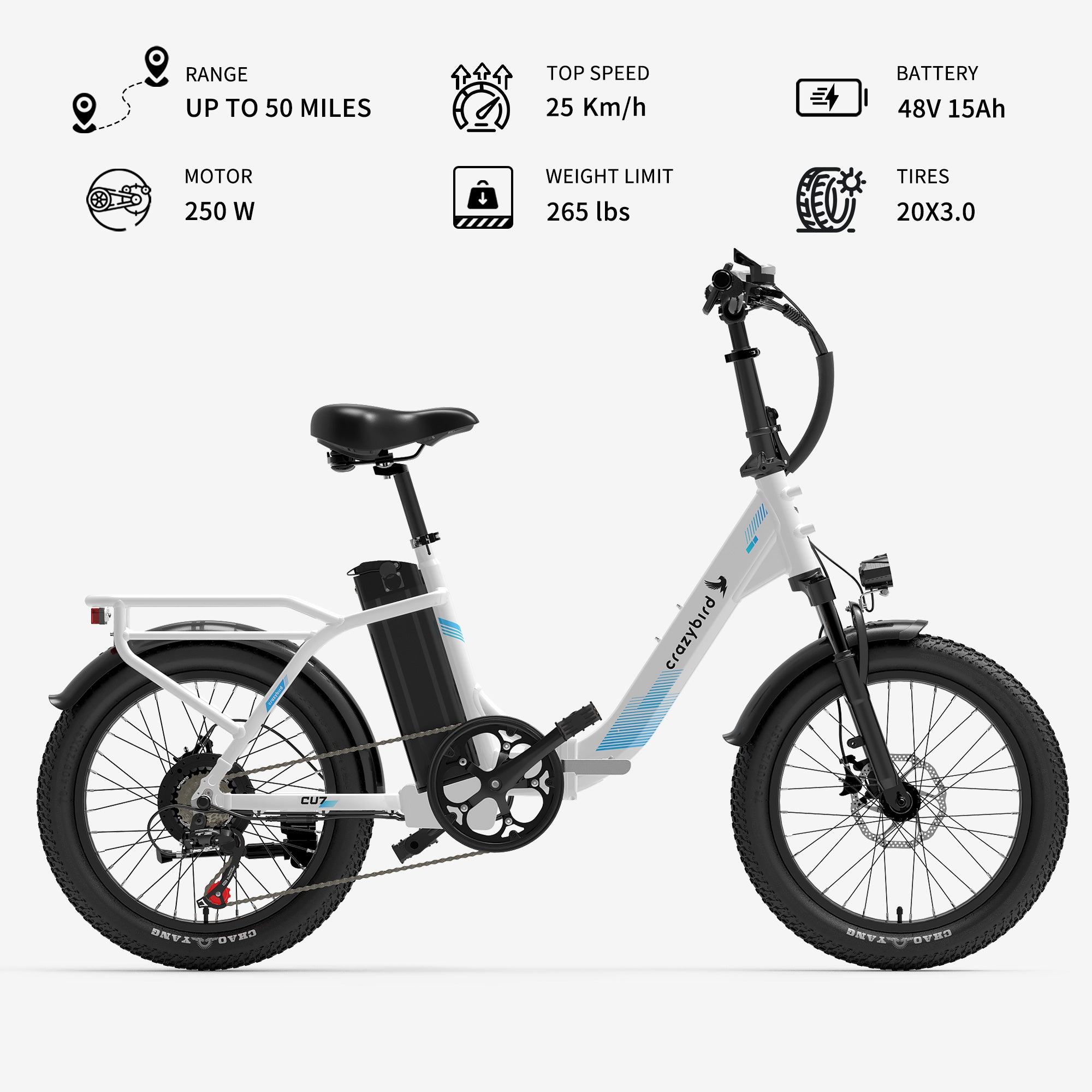 hidden electric motor for bicycle Crazybird CU7 Foldable ebike, White